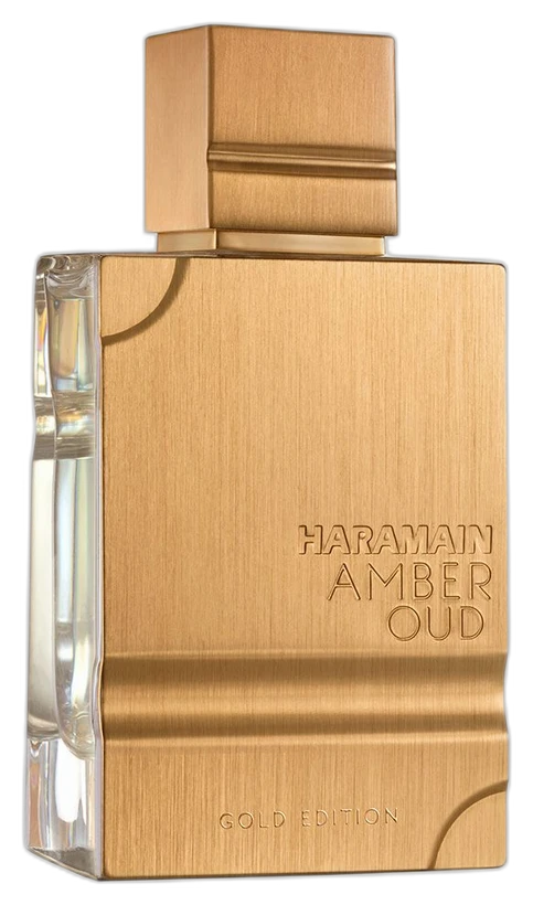 Frasco do perfume Amber Oud Gold Edition, da Al Haramain — dourado com tampa rubi