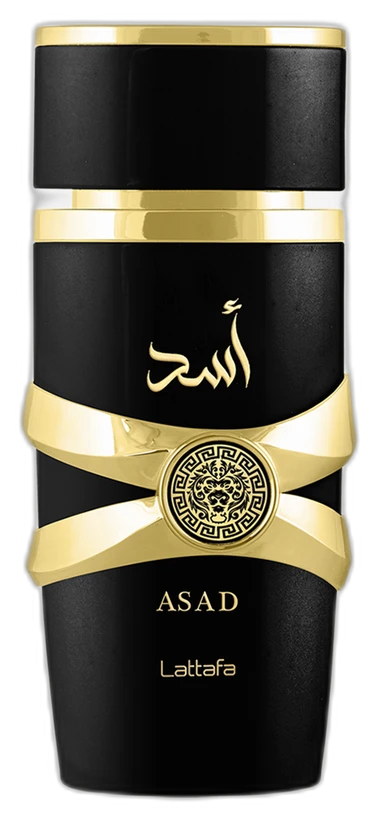 Frasco do perfume Asad, da Lattafa — preto com detalhes dourados