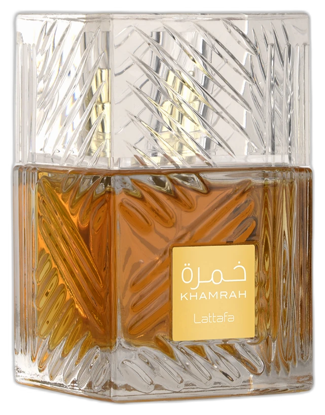 Frasco do perfume Khamrah, da Lattafa — vidro lapidado âmbar